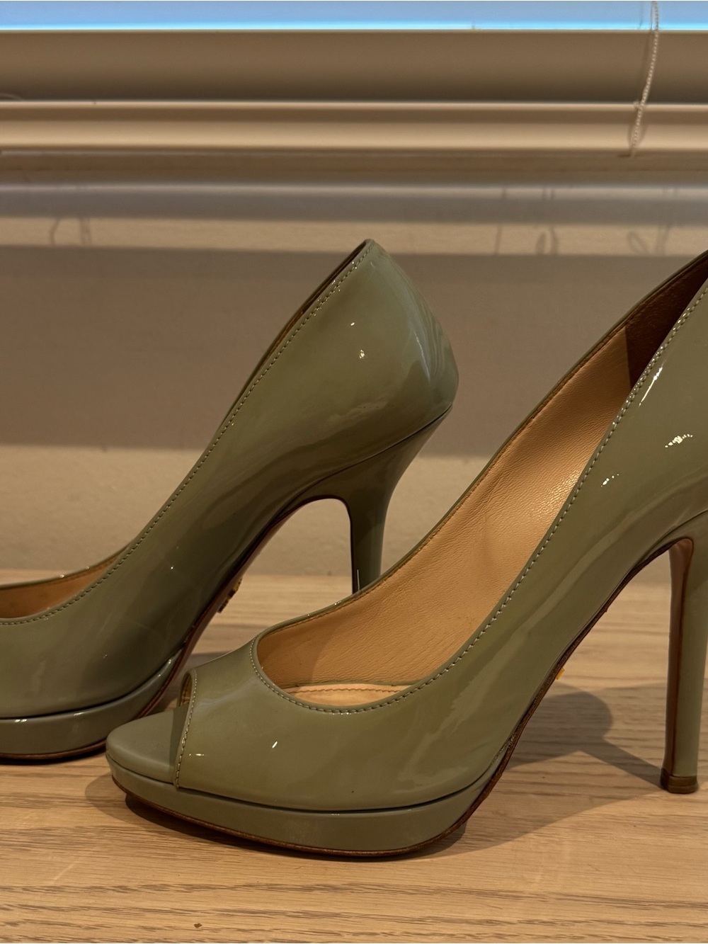 PRADA Women's Sage Green Patent Leather Peep-Toe Pumps - Picture 2 of 4
